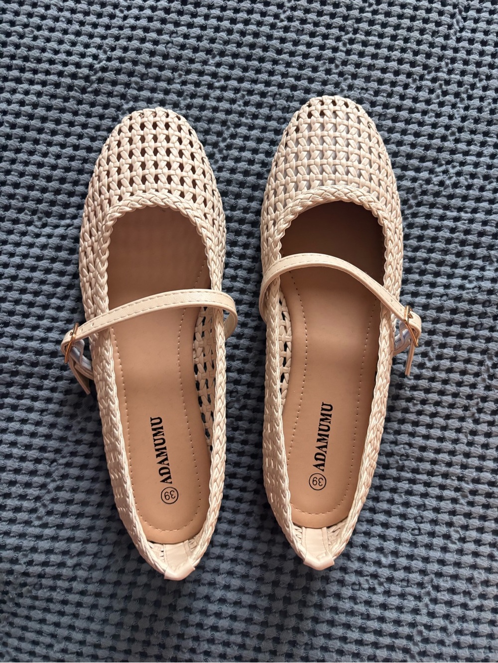Adam Light Beige Woven Mary Jane Flats with Buckle Strap